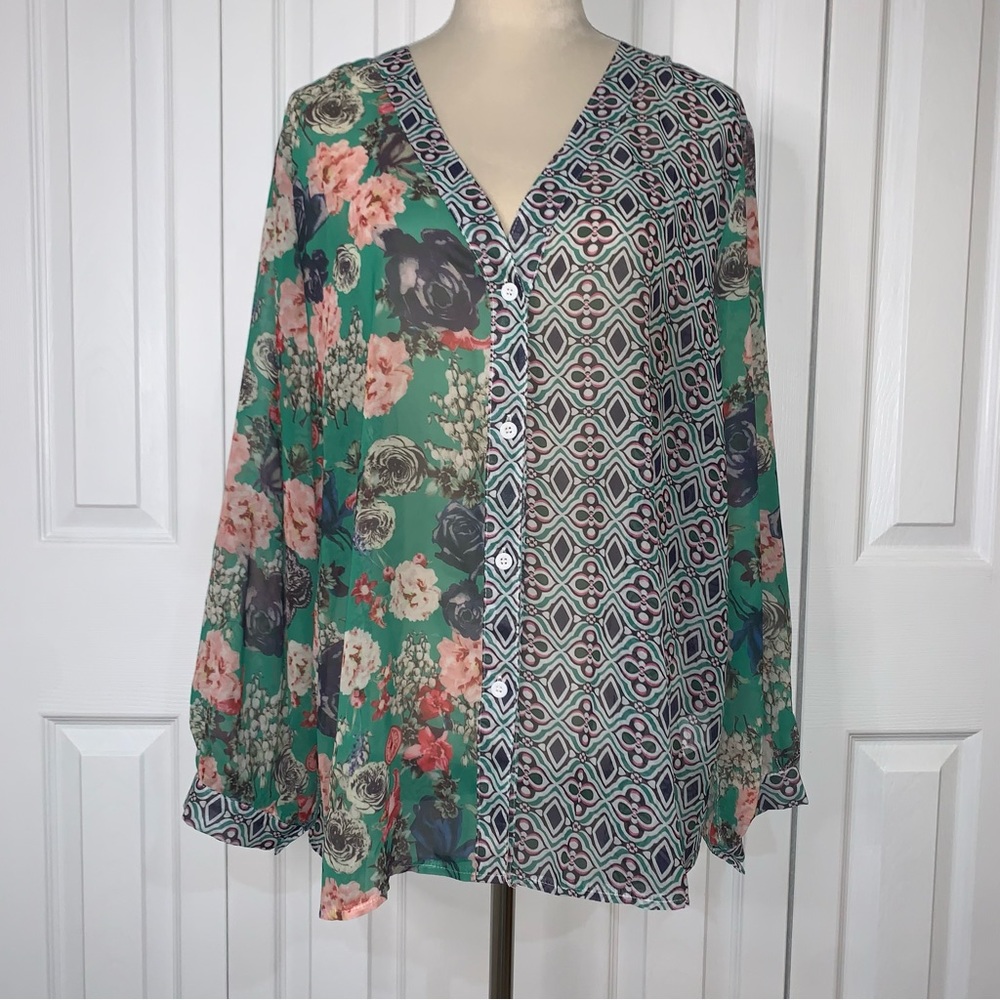 Miss Look 2XL patterned long sleeve button up polyester chiffon top